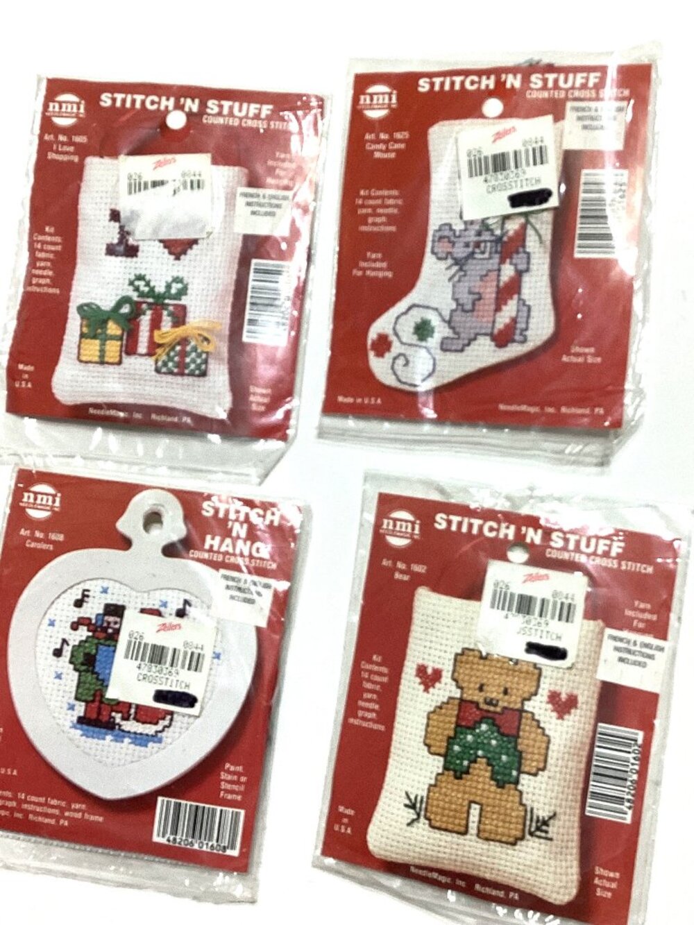 4 Vintage NMI Stitch 'N Stuff Hang Counted Cross Stitch Kits Christmas Ornaments